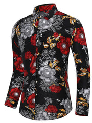 Men's black floral print button-down shirt with red and grey flowers.
