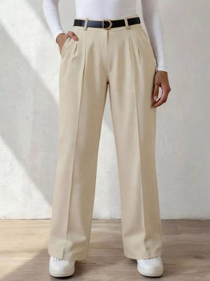 Beige wide-leg dress pants with pockets, belt loops, and pleats.