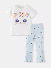Baby girls' white cat face tee and blue floral ribbed pants set