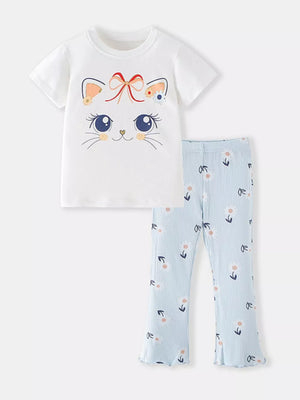 Baby girls' white cat face tee and blue floral ribbed pants set