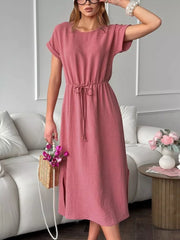 Casual Drawstring Waist Midi Dress in Deep Rose, fabric detail