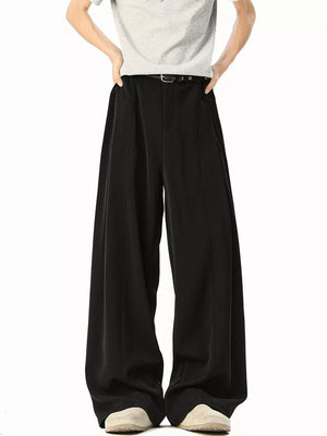 Men's black wide-leg track pants with a belt and pockets.