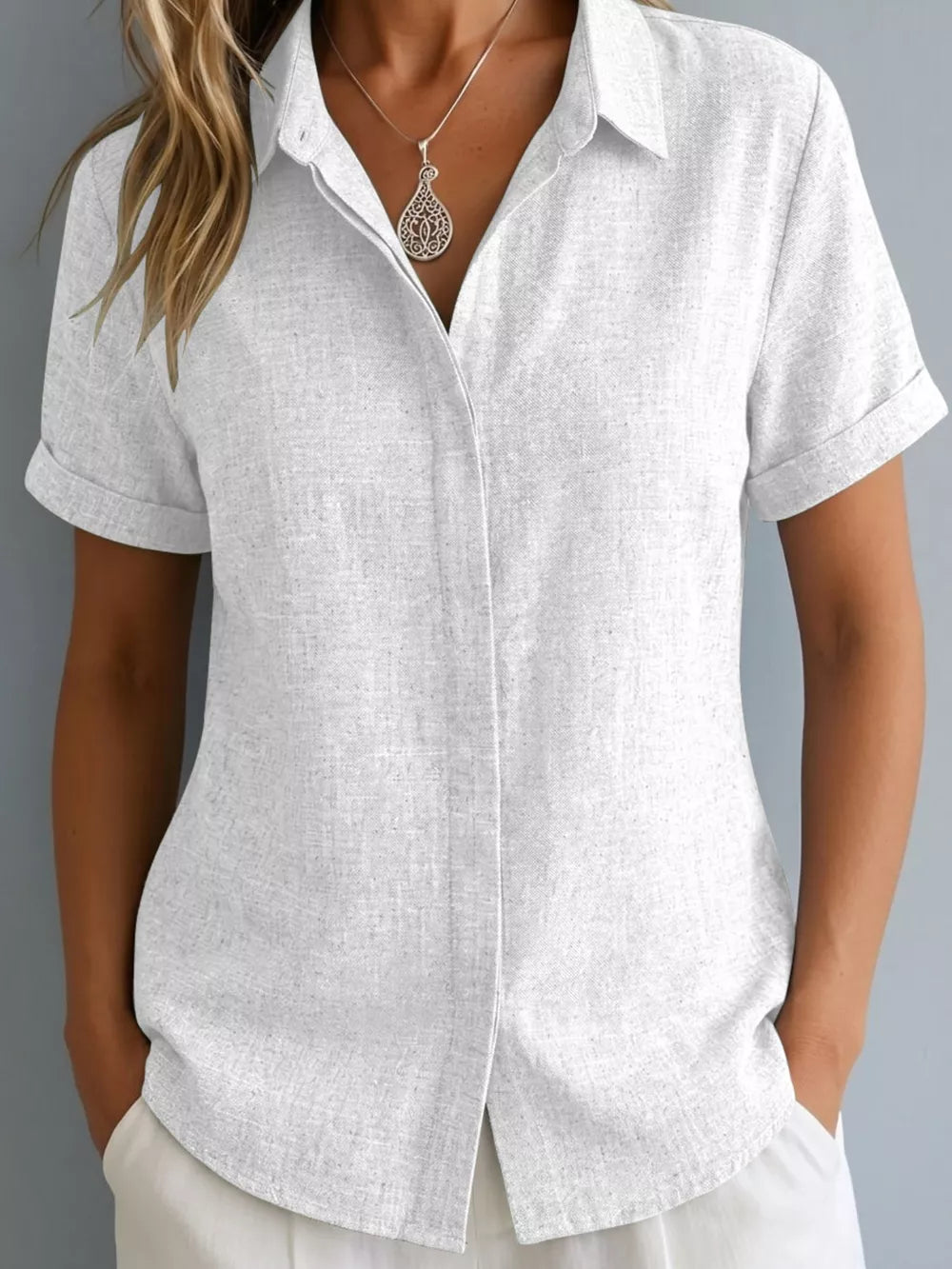 Full Size Collared Short Sleeve Shirt Plus Size in Lotus Color, front view