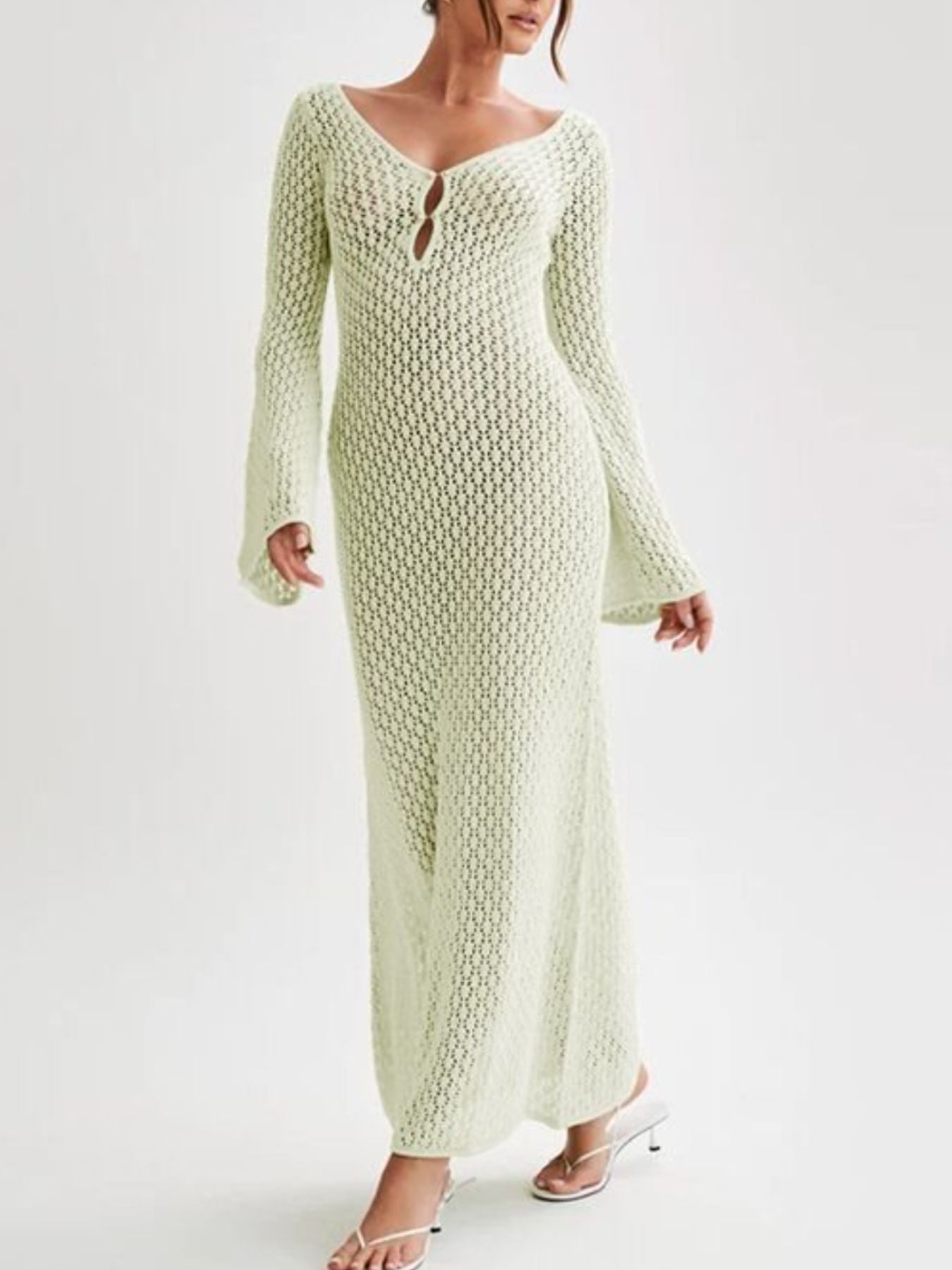 Light Green open-weave maxi cover-up dress with button detail and bell sleeves.