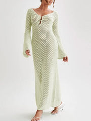 Light Green open-weave maxi cover-up dress with button detail and bell sleeves.