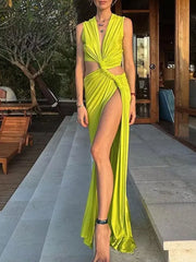 Lime green maxi dress with plunging V-neck, sleeveless, and high slit.