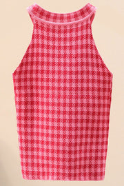 Houndstooth knit halter tank top in deep red and hot pink with a contrast trim neckline.