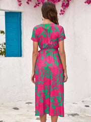 Floral Surplice Midi Dress With Tie Waist