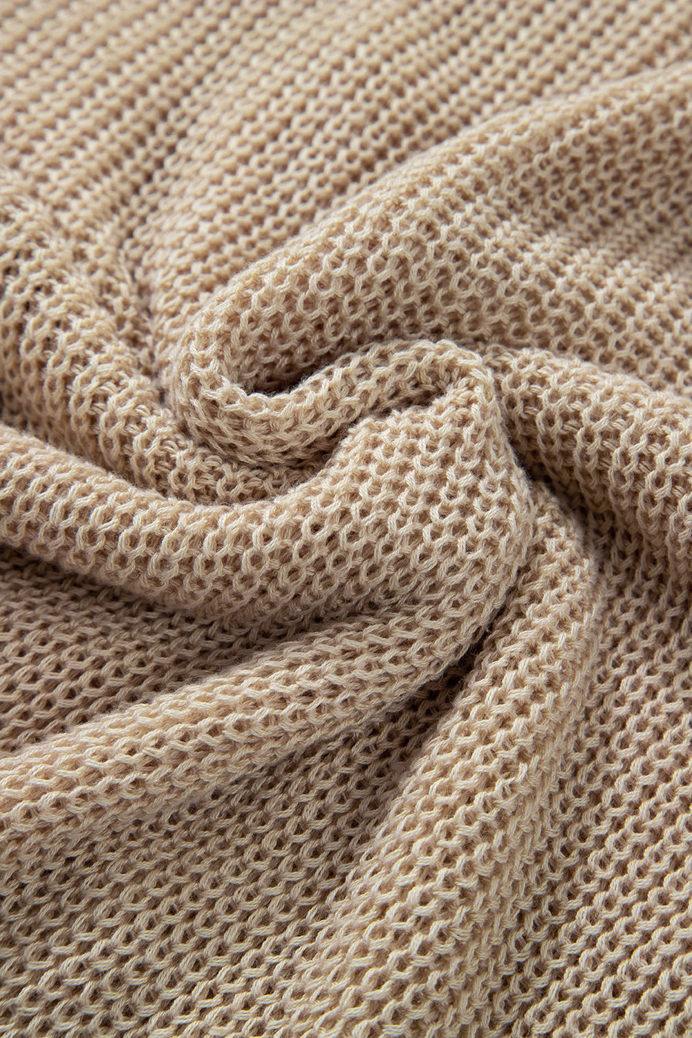 Khaki knit sweater with open weave texture, acrylic fabric detail