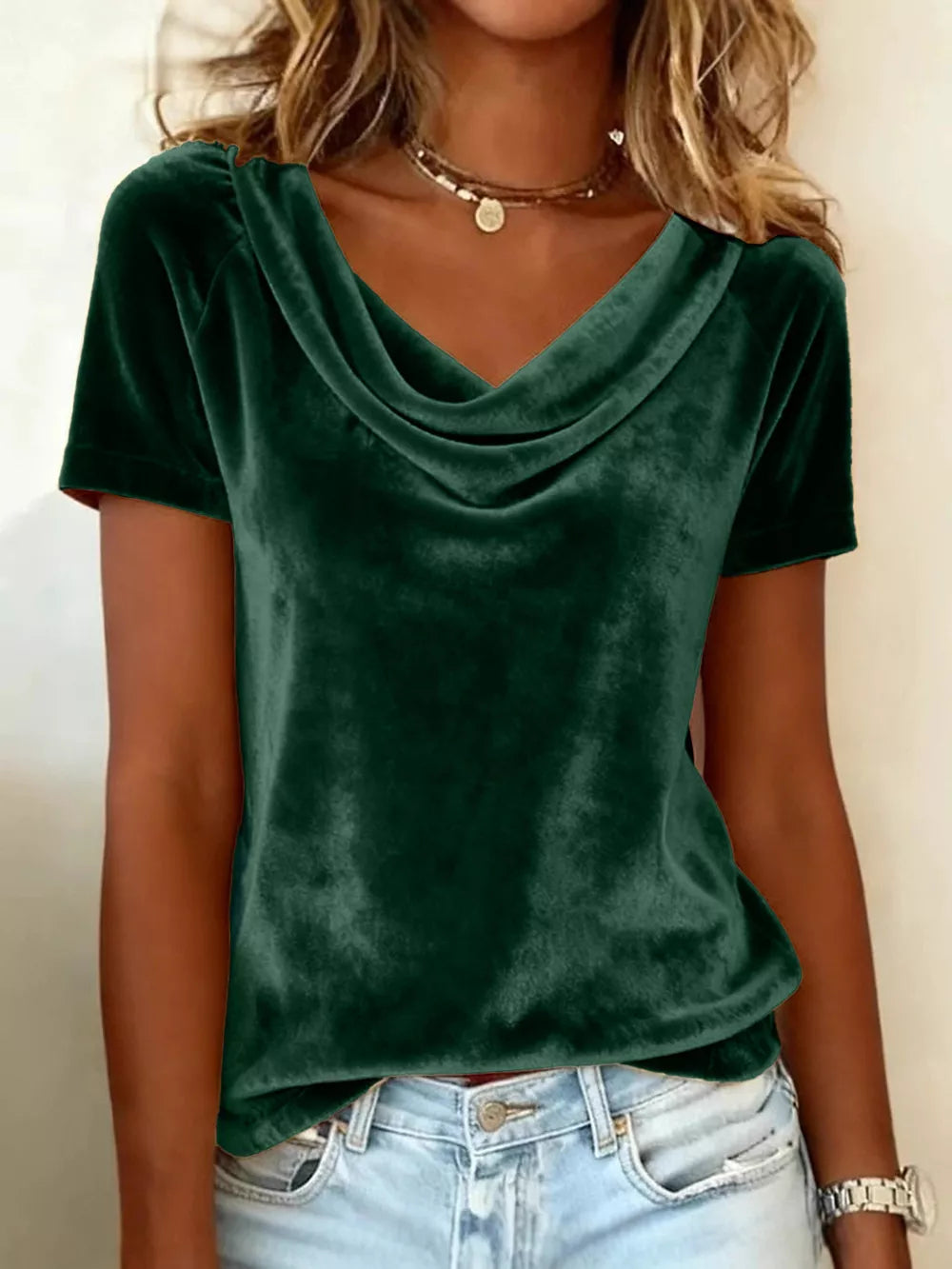Green velvet cowl neck t-shirt with short sleeves, relaxed fit.