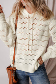 Openwork knit hoodie in beige with drawstring detail and ribbed cuffs.