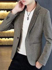 Men's gray micro-plaid slim fit sport jacket with button closure and notched lapel.