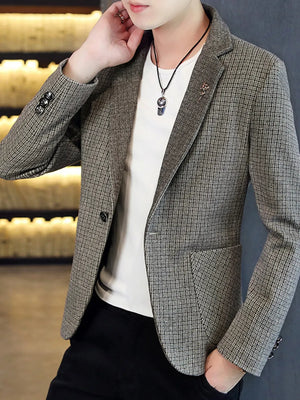 Men's gray micro-plaid slim fit sport jacket with button closure and notched lapel.