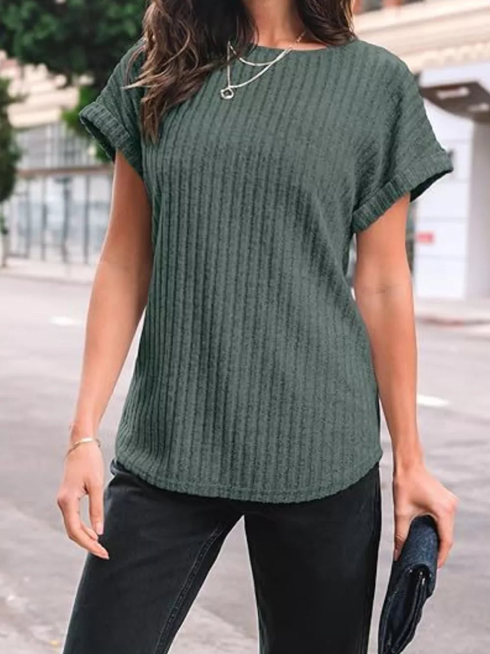 Ribbed knit t-shirt in Army Green with cuffed short sleeves and a rounded neckline.