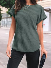 Ribbed knit t-shirt in Army Green with cuffed short sleeves and a rounded neckline.