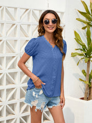 Dusty Blue Dotted Swiss puff sleeve blouse with lace trim and V-neck