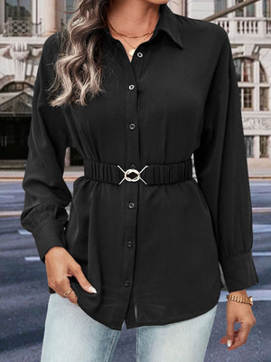 Black belted button-down blouse with gathered waist and gold accent belt