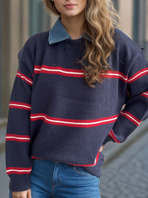 Nautical stripe knit crewneck pullover sweater in indigo with red and white stripes.