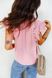 Striped cotton blouse with ruffled short sleeves and button-down front.