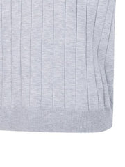 Light gray ribbed knit polo shirt with vertical ribbing detail.