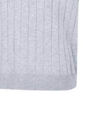 Light gray ribbed knit polo shirt with vertical ribbing detail.