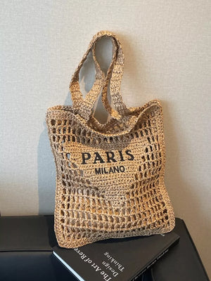 Khaki crochet tote bag with "PARIS MILANO" text detail