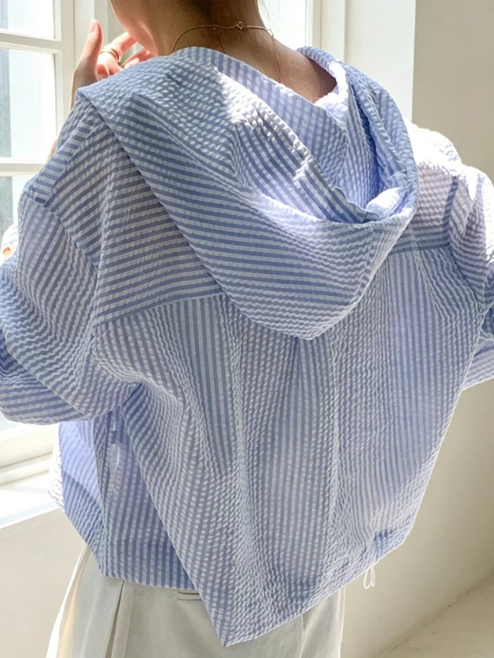 Striped Hooded Shirt With Drawstring, close-up detail