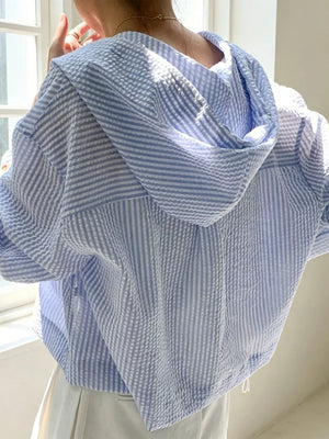 Striped Hooded Shirt With Drawstring, close-up detail