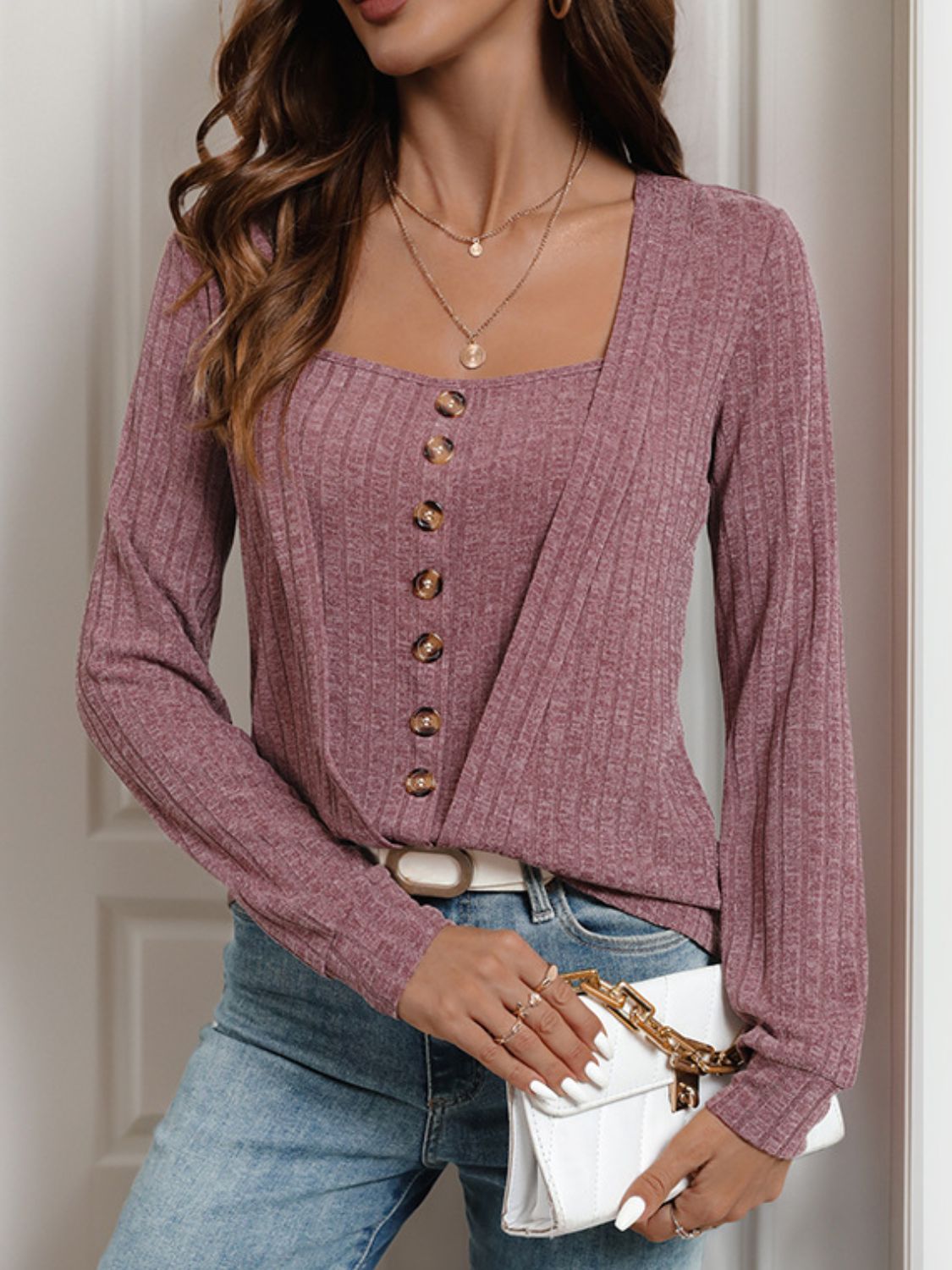 Dusty pink ribbed long sleeve top with decorative buttons and square neckline
