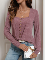 Dusty pink ribbed long sleeve top with decorative buttons and square neckline