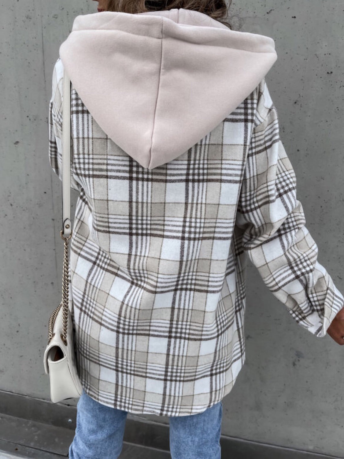 Oversized plaid shacket in camel with a contrast hood detail.