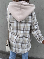 Oversized plaid shacket in camel with a contrast hood detail.