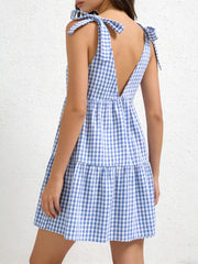 Blue gingham tie-shoulder maternity mini dress with ruffle hem