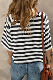 Breton stripe tee with contrast neckline and short sleeves, styled with jeans.