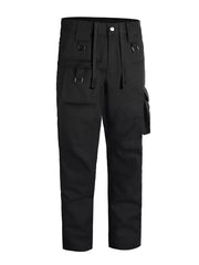 Men's black functional cargo pants with multiple pockets and strap details.