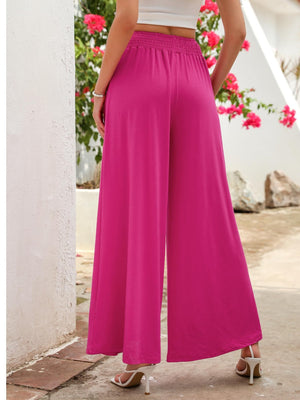 Hot Pink elastic waist palazzo trousers with pockets, wide leg flowy cut.