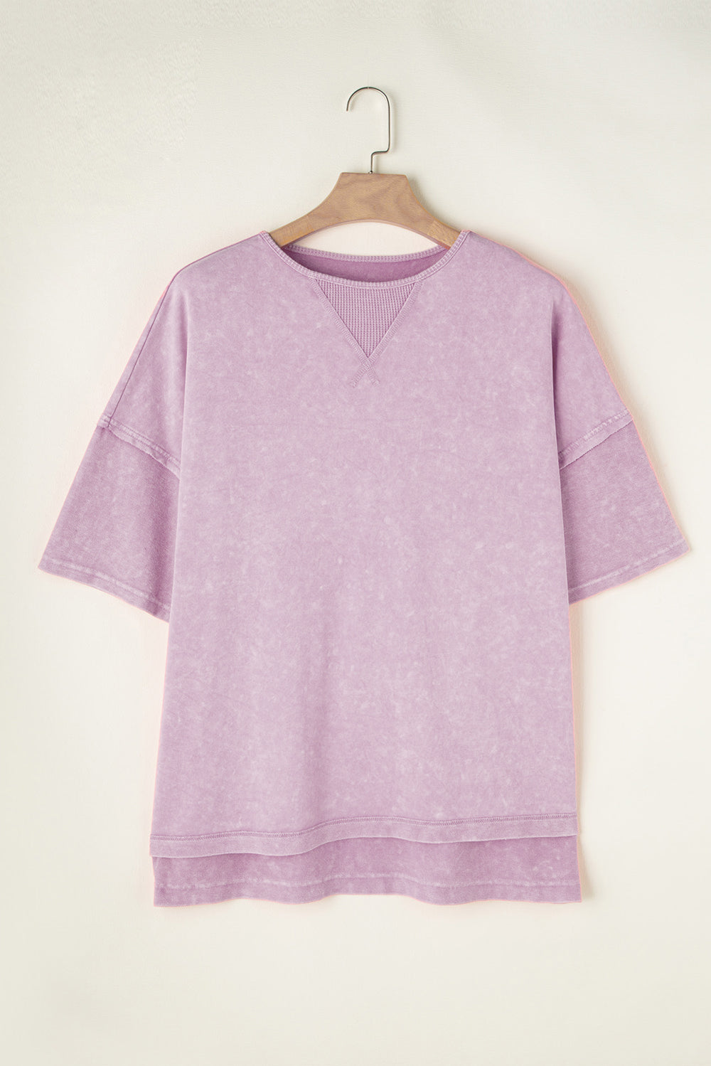Acid wash layered sleeve tee in Pink Purple with V-stitch neckline detail.