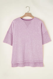 Acid wash layered sleeve tee in Pink Purple with V-stitch neckline detail.