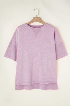 Acid wash layered sleeve tee in Pink Purple with V-stitch neckline detail.