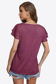 Tiered sleeve blouse in Wine, with a round neckline and short flutter sleeves.
