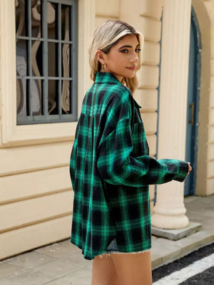 button-up shirt featuring plaid in Green with 100% rayon Care instructions: Machine wash cold texture