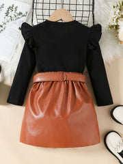 Toddler black ruffle long sleeve top and brown faux leather skirt set with belt.