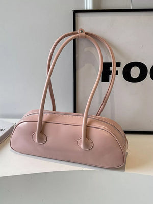 Pink pu leather shoulder bag with double handles and zipper closure