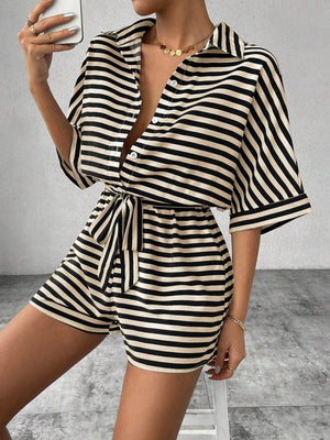 Black and tan striped shirt romper with button front and self-tie belt