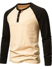 Men's beige long sleeve henley t-shirt with black raglan sleeves and buttoned placket.