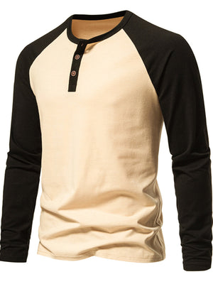Men's beige long sleeve henley t-shirt with black raglan sleeves and buttoned placket.