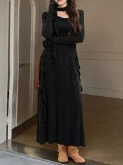 Ruffled Long Sleeve Knit Top And Maxi Skirt Set in Khaki, fit detail
