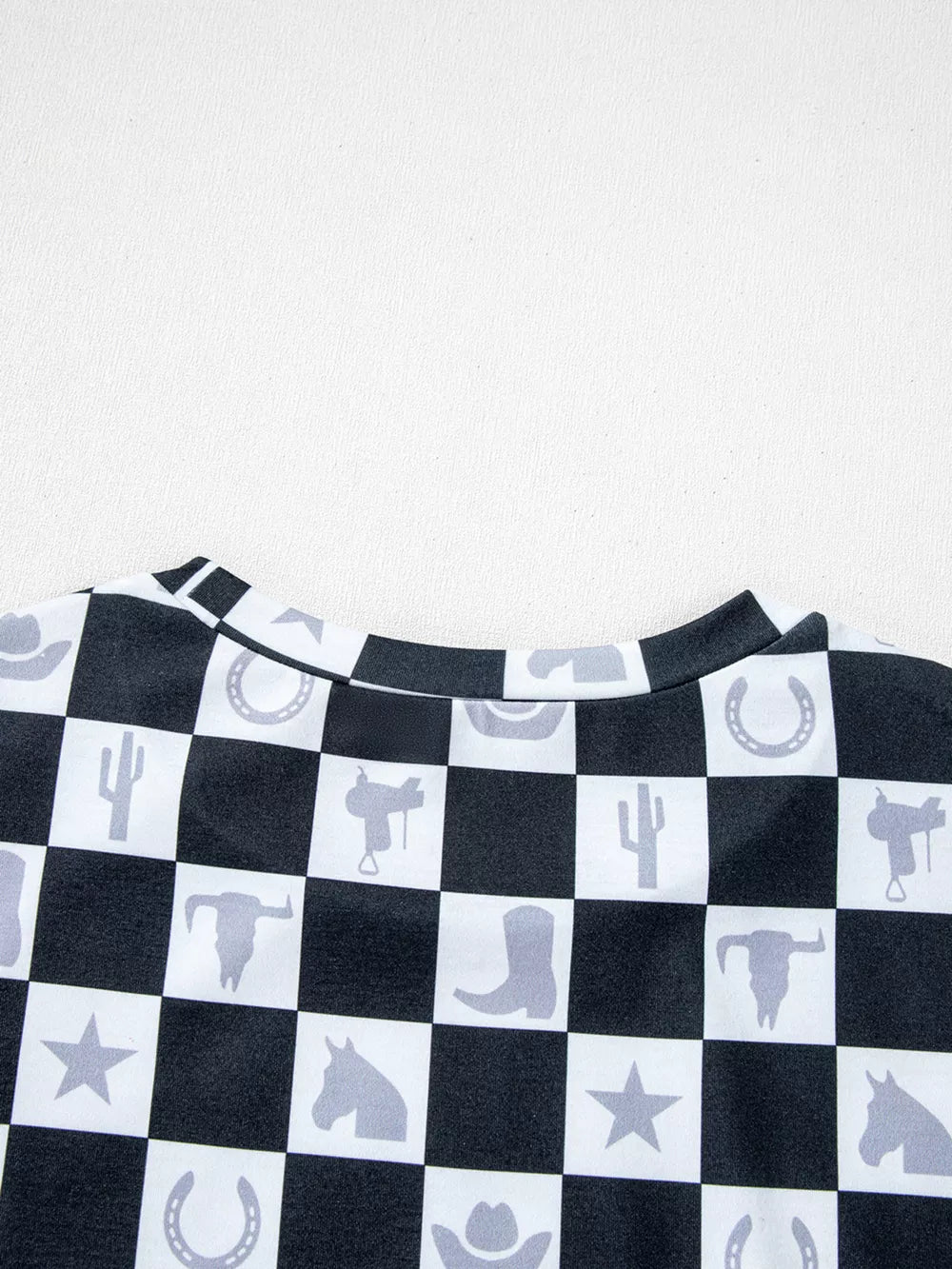 Western Checkerboard Print Side Split T-shirt in Black, product detail