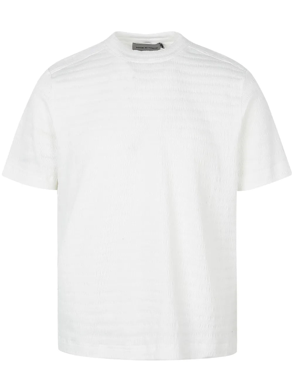 Men's white textured knit crew neck t-shirt with short sleeves.