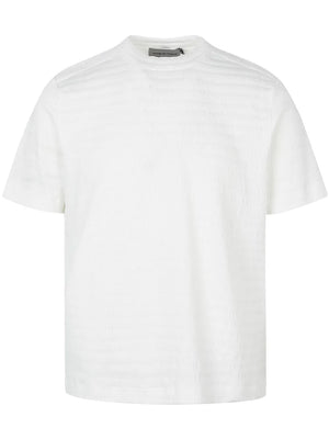 Men's white textured knit crew neck t-shirt with short sleeves.